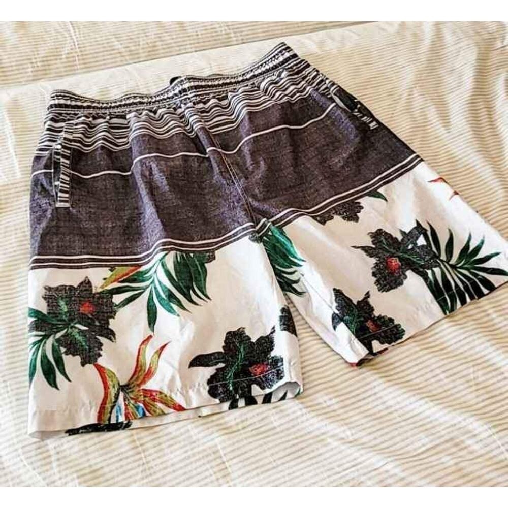 Mens Tropical Floral Striped Swim Trunks XL Black White Grey Swimwear Boardshort